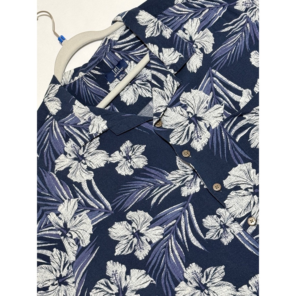 George Mens 2XL Navy Blue White Hibiscus‎ Tropical Rayon Button Down Camp Shirt